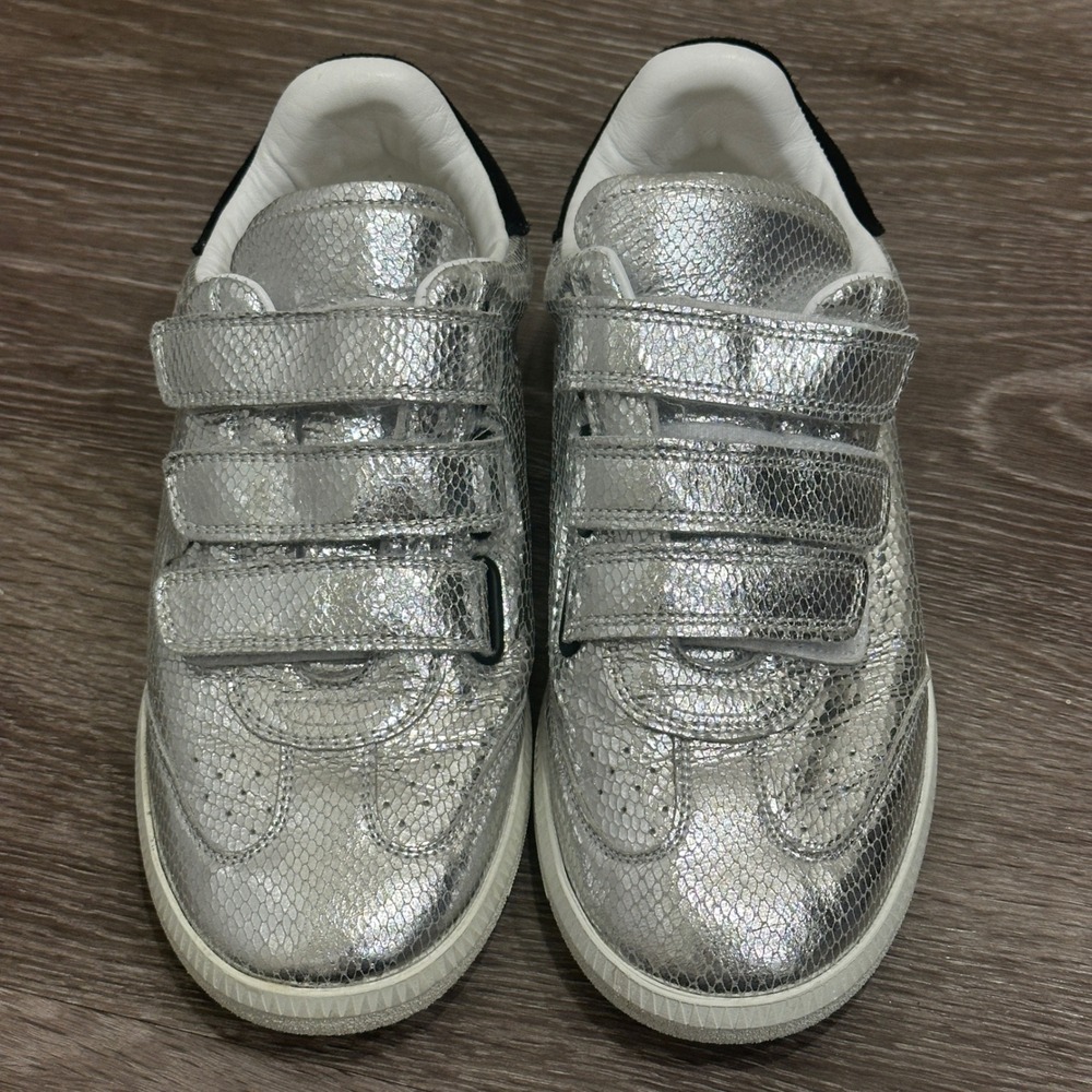 Isabel Marant Beth Metallic Silver Lizard Embossed Goat Leather Sneaker 7 Luxury - Picture 2 of 8